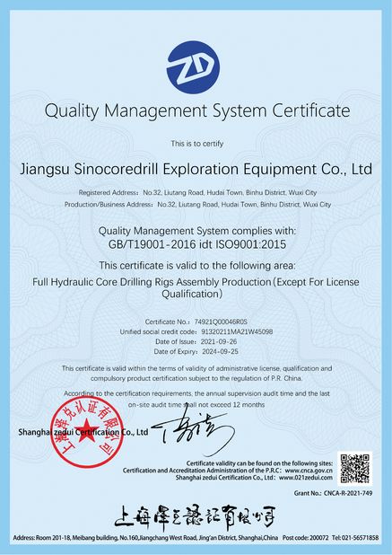 Porcellana Jiangsu Sinocoredrill Exploration Equipment Co., Ltd Certificazioni